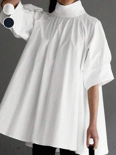 大码女式休闲宽松立领半袖套头蘑菇扣衬衫 白色夏季