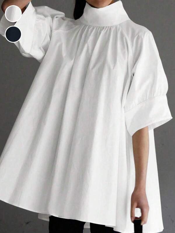 Plus Size Women's Casual Loose Stand Collar Half Sleeve Pullover Mushroom Button Shirt