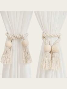 2pcs Rope Wooden Tassel Magnetic Curtain Tie Backs, Simple Wooden Tassel Magnetic Curtain Hooks, Curtain Holders Suitable For Bedroom, Living Room, Kitchen Home Decor, Room Decoration, Wall Decor - Beige - View 3
