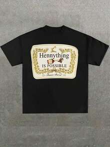 Plus Size Men's,Hennythings Possible Shirt ,(1 Pcs )100% Cotton Casual Printed T-Shirt,Crew Neck Short Sleeve,220g  Cotton T-Shirt,For ,Gift,Summer,Unisexa Birthday Present Summer Retro Design Pure Cotton T-Shirt-7113-HHCN TRADING LIMITED - Black - View 1