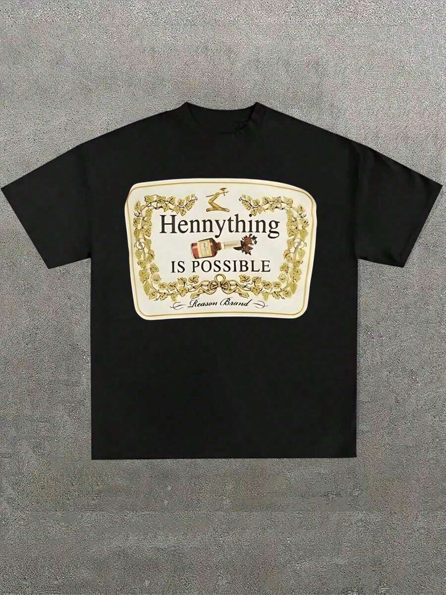 Plus Size Men's,Hennythings Possible Shirt ,(1 Pcs )100% Cotton Casual Printed T-Shirt,Crew Neck Short Sleeve,220g  Cotton T-Shirt,For ,Gift,Summer,Unisexa Birthday Present Summer Retro Design Pure Cotton T-Shirt-7113-HHCN TRADING LIMITED - Black - View 1
