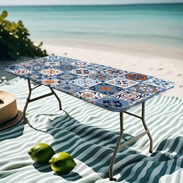 1 Stück bohemisches quadratisches kariertes Tischtuch - Polyester, rechteckiges Outdoor Picknick-Tischtuch mit elastischen Ecken, leuchtende Farben, Outdoor-Tischtuch mit Mandala-Muster, Polyesterstoff, Picknick-Zubehör