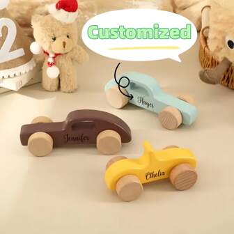 1pc Customized Wooden Toy Car, Vintage Style Inertial Hand Push Small Car, Can Customize Name, Wood Car, Letter For Friends, Relatives, Kids
