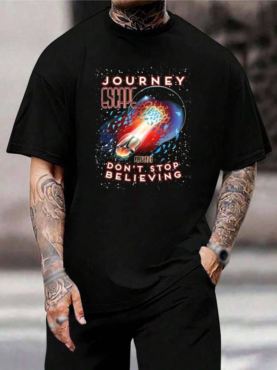 Camiseta para hombre con portada del álbum Journey Escape - Camiseta de banda de rock clásica - Camiseta de concierto Don't Stop Believin' - Camiseta vintage para fanáticos de la música - Ropa de rock con licencia oficial para jóvenes - Negro - Ver 1