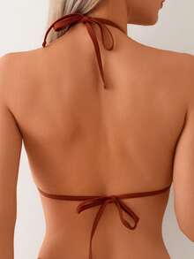 全新性感面料吊坠项链肩带女式泳衣套装 - 鏽棕色 - 查看 2