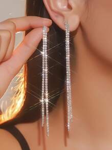 2pcs Bohemian Tassel Hanging Cubic Zirconia Crystal Long Dangle Clip-On Earrings, Simple & Elegant Tassel Chain Pendant Jewelry For Women, Bridesmaids, Wedding Party