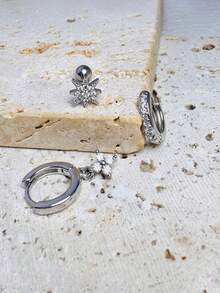 3 件不锈钢耳垂耳环，14K 镀金闪亮 CZ 耳环套装，白色锆石花朵风格耳钉，适合女士女孩 - 銀色 - 查看 17