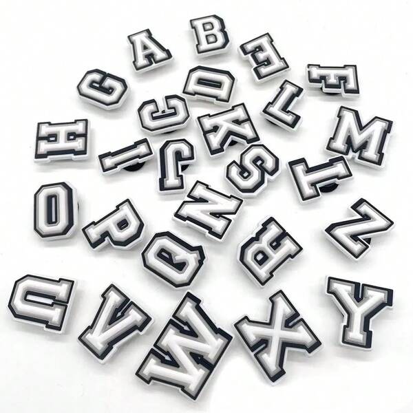 Accesorios de zapatos de goma suave de PVC con dijes de letras en blanco y negro
