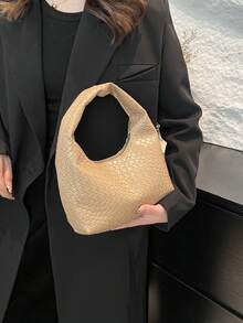 Genuine Leather Underarm Baguette Bag, Suitable For Outings, Dates And Commuting. Fashion Asymmetric Square Handbag, PU Woven Texture Tote Bag, Burgundy, Daily Work Bag, Top Handle Wallet (Pattern Random) - Khaki - View 5