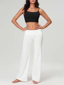Women's Baggy Pants Foldover Waist Solid Color Loose Wide Leg Pants - trắng - Xem 1