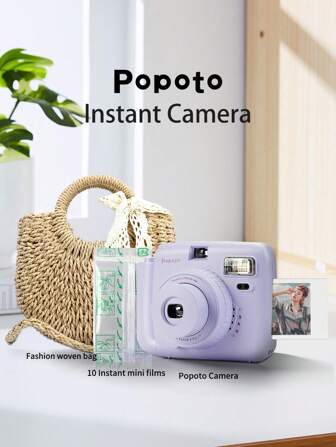  Popoto 即时相机，用于即时迷你胶片，复古胶片感觉，配有闪光灯，自动变焦，便携式相机，适合青少年、男孩、女孩、学生的入门级相机，包括即时迷你胶片。（不含电池）