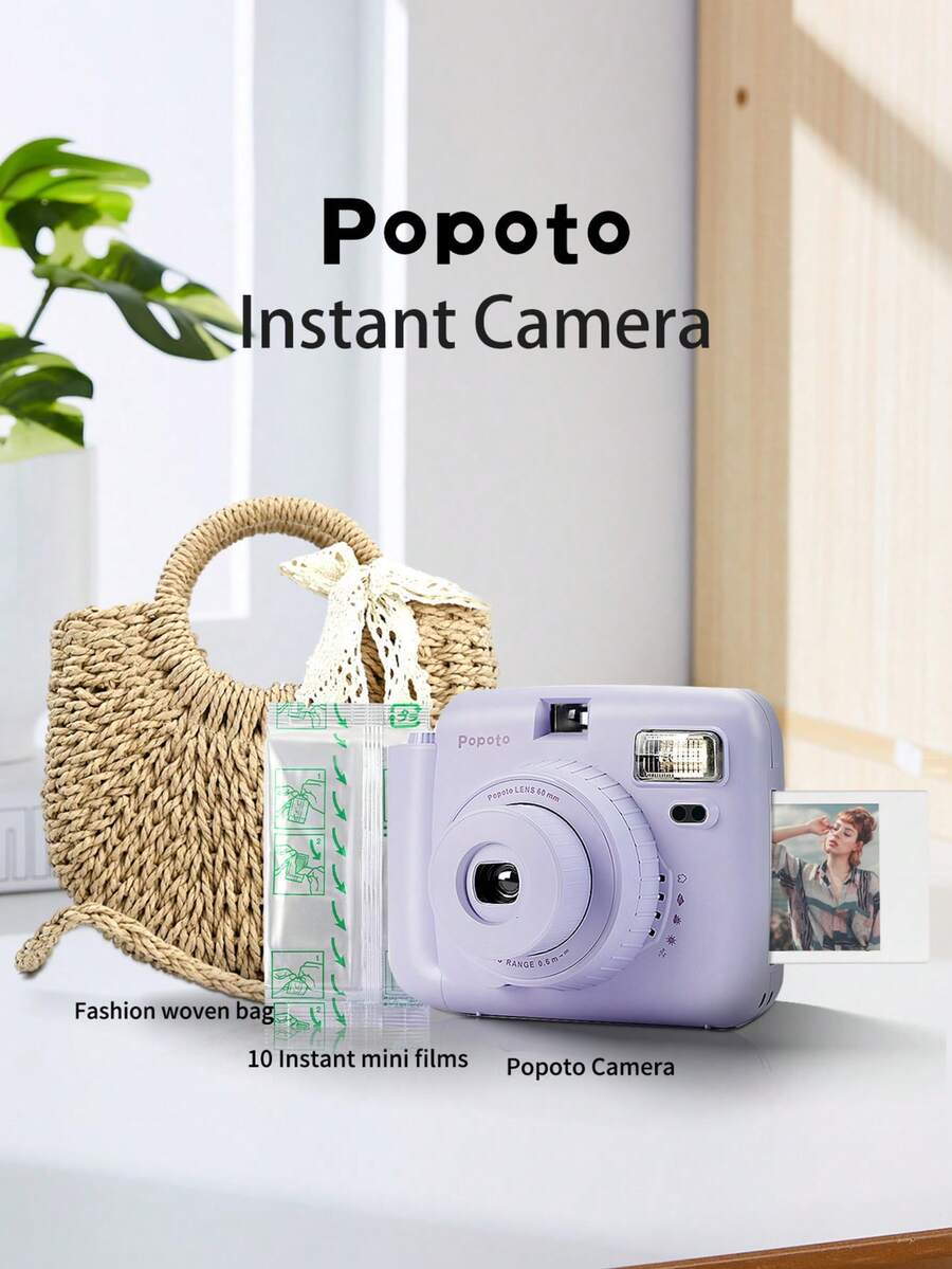 Popoto 即拍相機，適用於即拍迷你底片，復古底片質感，附閃光燈、自動縮放，便攜式入門相機，適合學生使用，內含即拍迷你底片（不含電池）
