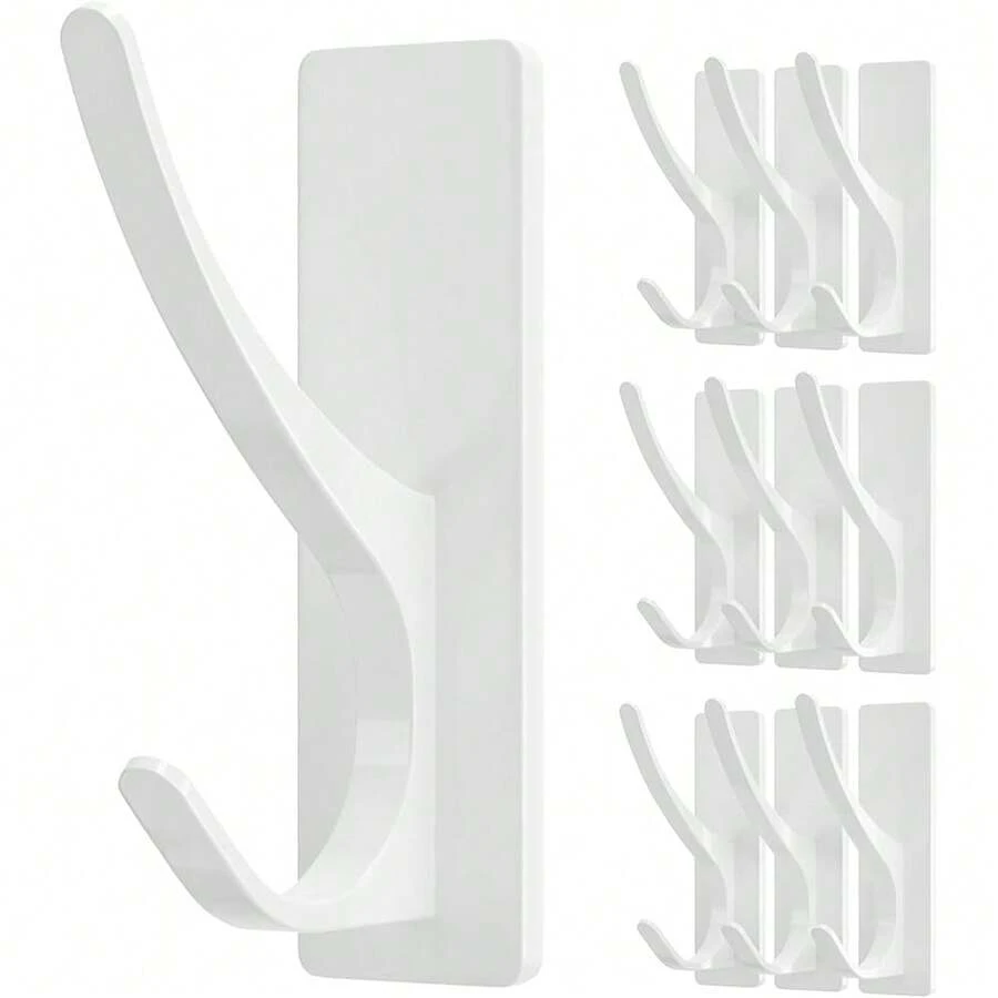 New Self Adhive Coat Hooks For Hanging, Heavy Duty Stainls Double Wall Hook For Towel, Backpack, Hat, Sturdy Metal Hanger For Bathroom, Bedroom, Door, Wall Mounted, 10 Pack, - 白色 10 包 - 查看 1