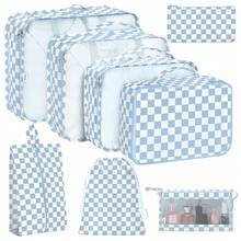 8pcs Travel Packing Cubes Set,Travel Portable Clothes Storage Bags, Compression Storage Shoe Bag, Clothing Underwear Bag, Luggage Packing Organizers,Pack Your Luggage With Ease ,Travel Essential Accessories - Kẻ caro xanh - Xem 2
