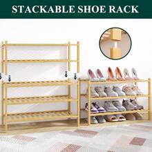 Shoe Rack Closet, 3 Tier Wooden Stackable Shoe Organizer, Standing Shoes Storage Shelf Entryway, Front Door Entrance, Natural - 自然的 - 查看 4