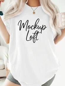 Unisex Script Theme Cotton T-Shirt, White Tee With 'Mockup Loft' Text, Perfect For Casual Occasions/Summer, Gift For Birthday/Event, Classic Round Neck Tee. Summer Tops - 白色 - 查看 2