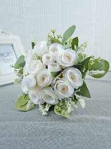 1 Stück neue künstliche weiße Rose mit Geldpflanze Blatt Bouquet, Hochzeitsdekoration, geeignet für Hochzeitsfotografie, Wohnzimmerdekoration, Brautstraußaccessoire