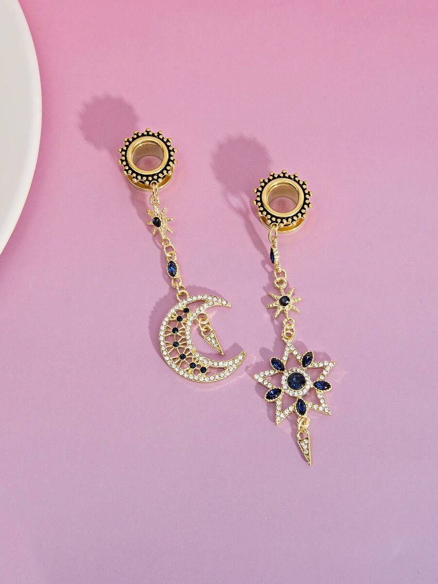 DareSee 2件装不锈钢优雅女士星月耳扩耳钉耳洞耳坠耳扩扩器身体穿刺饰品婚礼度假音乐节Y2K节返校季秋季圣诞节冬季圣诞礼物