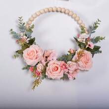 1pc Spring Floral Wreath, Boho Wall Decor With Wooden Beads And Artificial Roses, Suitable For Front Door, Indoor/Outdoor Decoration, All Seasons - Multicolor - View 2