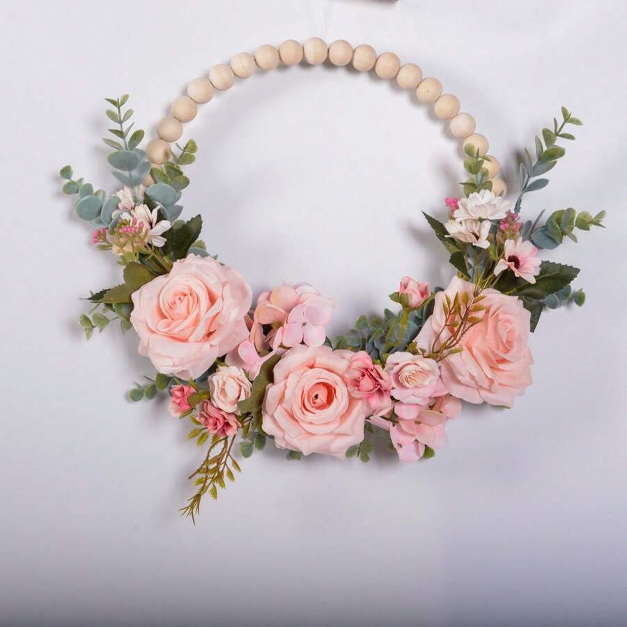 1pc Spring Floral Wreath, Boho Wall Decor With Wooden Beads And Artificial Roses, Suitable For Front Door, Indoor/Outdoor Decoration, All Seasons