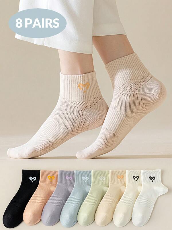 1/5/8 pares de meias esportivas casuais femininas com estampa de coração e cor sólida, malha com suporte de arco respirável, uso diário e esportivo confortável, primavera/verão