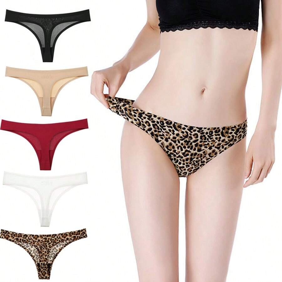 Tanga de mujer de 5 piezas con estampado de leopardo, braguita elástica de talle bajo y cómoda - Multicolor - Ver 1