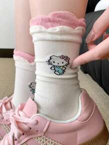 Sanrio 1Pair Sanrio Hello Kitty Mid-Calf Crew Summer Socks Women Socks Flounced Hem Seamless Toe & Breathable Ribbed Texture - Spring/Summer Collegiate Style Socks For School Outfits, Cute Gift With Greeting Card For Birthdays/Valentine's Day