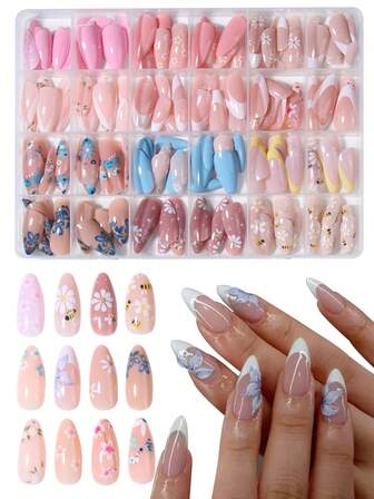 288Pcs(12Mixed)Long Almonds Flower Nails Design French Acrylic Press On Nails Long Perfect Fit Fake Nail Set,Include :4 Pcs Jelly Glue And 2 Pcs Nail File,Easy To Wear Flower Nails & Summer Nails Art For Woman Girl Daily Work Wear Rave Party Use Nail Supplies Nails