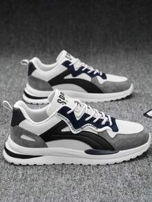 Los hombres de punta redonda de encaje hasta PU superior ligero transpirable choque de color zapatillas de deporte de fondo grueso, los hombres de tenis, Irregular choque de color de diseño, punta redonda de encaje hasta talón plano zapatos casuales boca poco profunda, Adecuado para el diario, el trabajo y el deporte de desgaste - Blanco y Negro - Ver 5