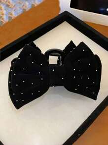 1pc Women Elegant Sweet Black Velvet Fabric Bling Rhinestone Bow Big Hair Claw Clip, Suitable For Daily Outfit & Hairstyle Hair Clips Hair Jaw Clip Hair Clamps Hair Clutch Hair Catcher Clip, Bow Accessories, School Stuff, College