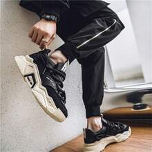 New Thick Sole Elevated Chunky Sneakers For Men, Fashionable Casual Outdoor Non-Slip Durable Lace-Up Shoes, Lightweight Comfortable Versatile Sporty Sneakers - Black - View 7
