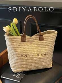 Chic Preppy-Style Large Capacity Tote Bag - Lightweight PVC & Kraft Paper With Magic Tape Closure For Women's Fashion