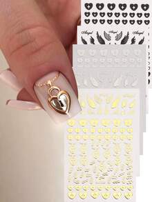 2/3/4/6 3D爱心锁指甲贴金银翅膀心形贴纸抽象涂鸦条纹指甲修剪，银色爱心锁抽象涂鸦全息心形指甲修剪包裹热印指甲贴纸DIY