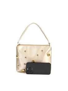 Plain Elegant Fashion Minimalist Satin Pearl Magnetic Triangular Handbag, For Parties, Weddings, Galas, Gatherings - Champagne - View 3
