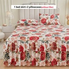 3pcs/Set Skin-Friendly Soft Floral Printed Bedskirt Set (1pc Bedskirt + 2pcs Pillowcases), Moisture-Wicking Breathable, Wrinkle-Resistant, All Season Use, Elegant Printing, Fashionable & Suitable For Bedroom And Hotel - National Peony-bed Skirt - View 4
