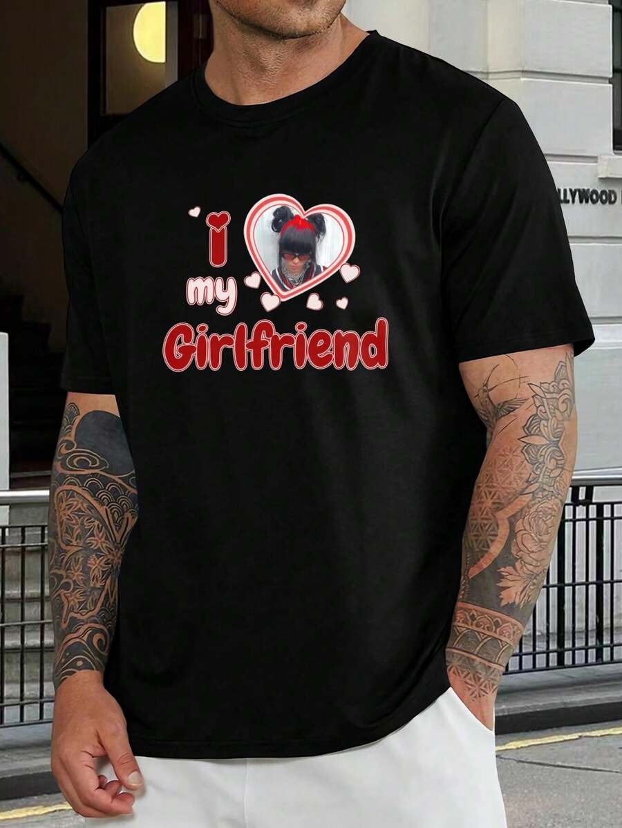 Camiseta personalizada "Amo a mi novia" - Camiseta con foto personalizada en forma de corazón para hombre - Regalo romántico para el Día de San Valentín - Ropa de pareja única - Camisetas a juego para novios y novias - Negro - Ver 1