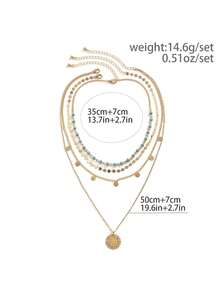 女士3入組創意時尚復古綠松石色閃耀流蘇多層串珠項鏈套裝 - 金黃色 - 查看 6