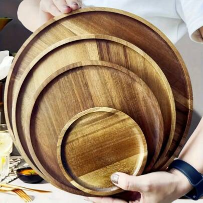 1 szt. Drewniany talerz/taca, okrągły, solidny drewniany półmisek do serwowania, kreatywne owoce, przekąski, słodycze, taca na herbatę - trwały i modny przedmiot kuchenny odpowiedni na kolację, przekąskę, herbatę, kawę, owoce