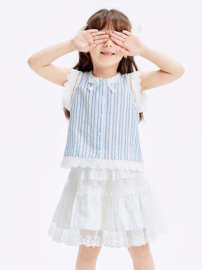 Balabala 儿童两件套，短袖，女童款，2025 夏季新款，条纹艺术蕾丝连衣裙。