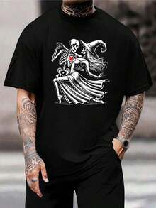 Camiseta única de pareja de Halloween con diseño de esqueleto fantasmal y bruja, camiseta cómoda de algodón casual de color negro para hombre y mujer - Negro - Ver 1