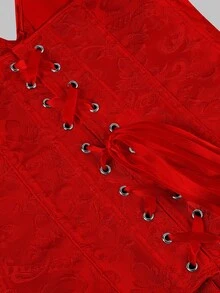 1 件女式宫廷风格束身衣上衣，经典纯色提花紧身胸衣，系带束腰，塑形提升，可作为婚礼和派对的外套穿着 - 紅色 - 查看 7