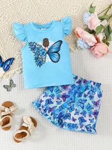 2pcs Toddler Kids Summer Casual Cute Butterfly Print Round Neck Tank Top + Shorts Set