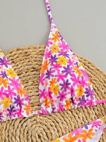 2025新款性感清新碎花系带比基尼女士泳装，欧美风格 - 棕色 - 查看 4