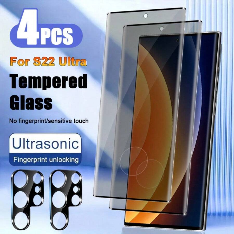 [2+2 Packs] Galaxy S22 Ultra Privacy Screen Protector And Camera Lens Protector, [28°Anti-Spy] [Fingerprint Unlock] Anti-Spy Tempered Glass Film Bubble Free Case Friendly For S22 Ultra Screen Protection Essentials, Applicable To Daily Shield, Office, Home Phone Screen Protector Phone Accessories Waterproof Shockproof Anti-Fall Anti-Fall Scratch Resistant Anti-Fingerprint Full Cover - Galaxy S22 Ultra Privacy Tempered Glass Screen Protector - View 1