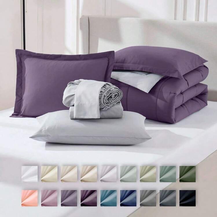 Queen Comforter Set, 7pc Bed In A Bag, Reversible Bedding Comforter Sets With Sheets, Gray/Silver - 12-purple - View 1