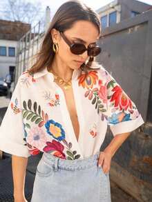 Camisa de mujer de manga corta con estampado floral y ajuste holgado, adecuada para vacaciones, uso diario, casual, primavera/verano, color blanco - Blanco - Ver 3