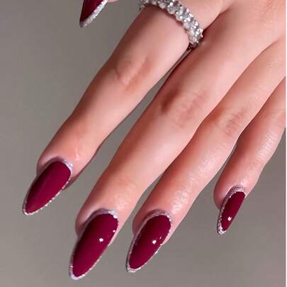 24片欧美中长款樱桃闪杏仁美甲+1片果冻胶+1条摩擦条按压式指甲适合女士女生日常佩戴美甲用品指甲