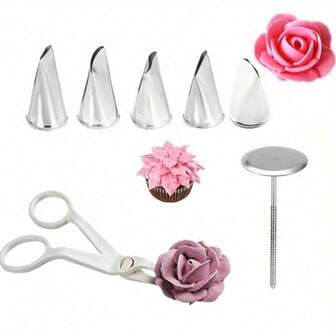 7pcs Baking Pastry Tool Set Stainless Steel Rose Petal Leaves Nozzles Cake Decorating Tips Tulip Flower Scissor Cake Tray Mounting Scissors Nails Essential For Confectionery Icing Cream Transfer And Elegant Cake Decor