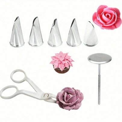7pcs Baking Pastry Tool Set Stainless Steel Rose Petal Leaves Nozzles Cake Decorating Tips Tulip Flower Scissor Cake Tray Mounting Scissors Nails Essential For Confectionery Icing Cream Transfer And Elegant Cake Decor
