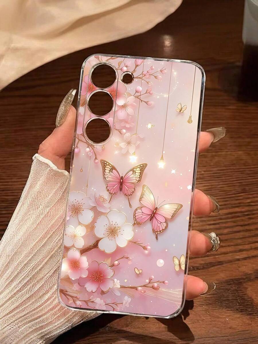 1 件粉色桃花与蝴蝶设计透明软手机壳，适用于三星 Galaxy A04e/12/A13/A14/A34/A50/A52/A53/A54/S21/S22/S23/S24/S25/S25Ultra - 無色 - 查看 1